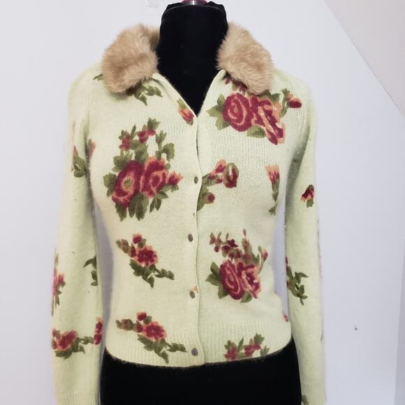 Vintage Lambs Wool Angora Fur Collar Floral Button Front Knit Cardigan Small - Picture 1 of 10